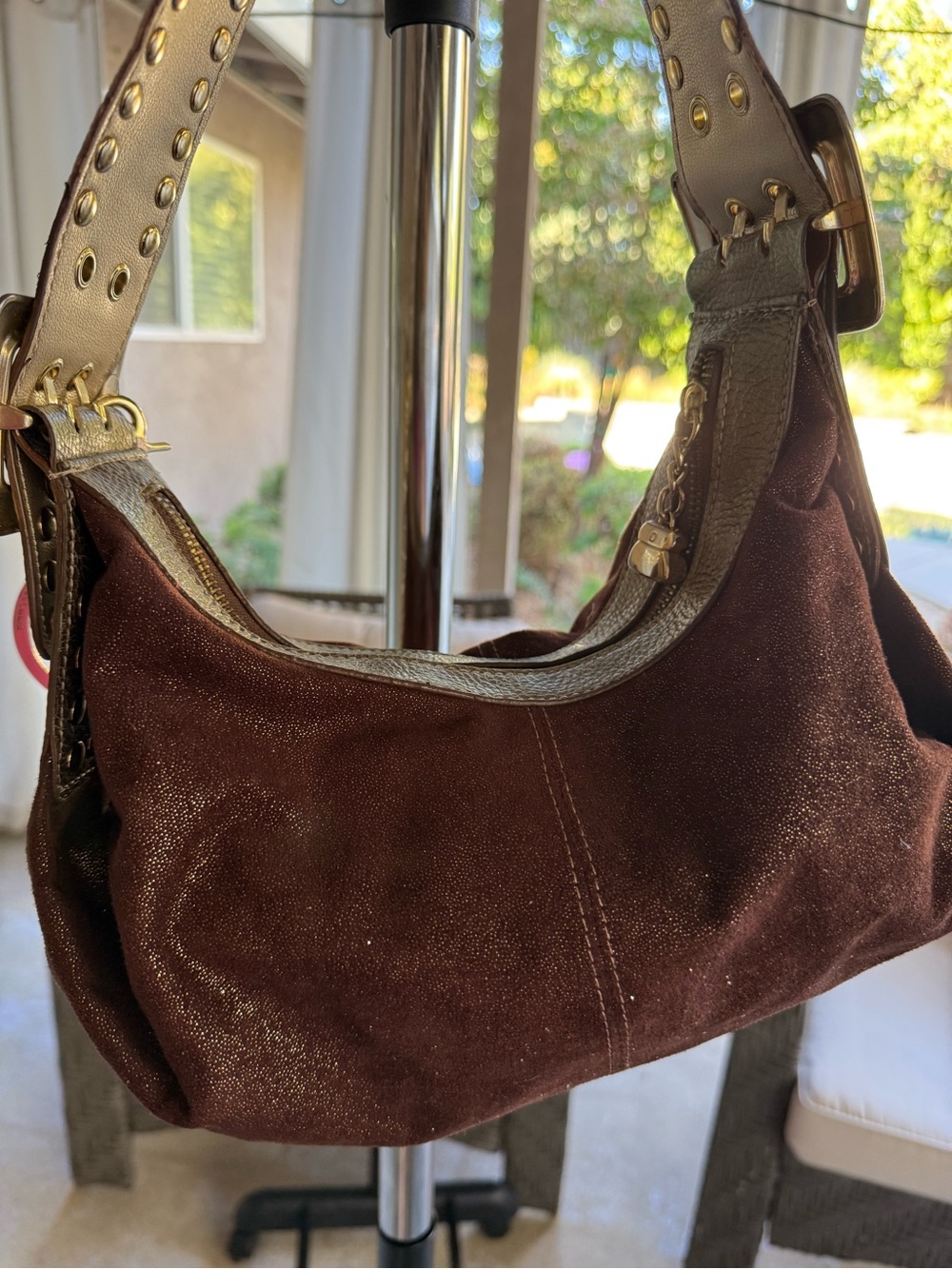 Kathy Van Zeeland Brown Suede Shoulder Bag with Gold Trim